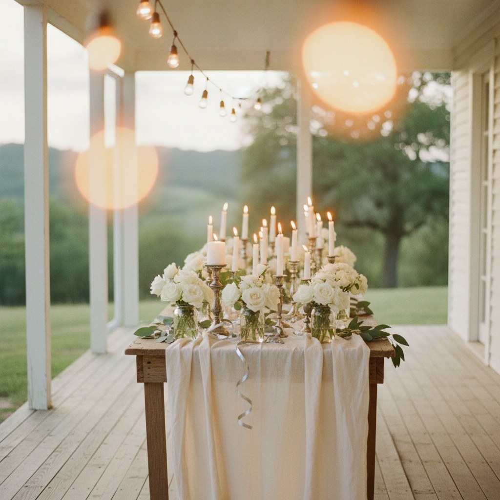 A sunlit farmhouse porch table set for a 25th anniversary celebration, with silver-toned candleholders, wildflowers in mason jars, and soft golden afternoon light.
