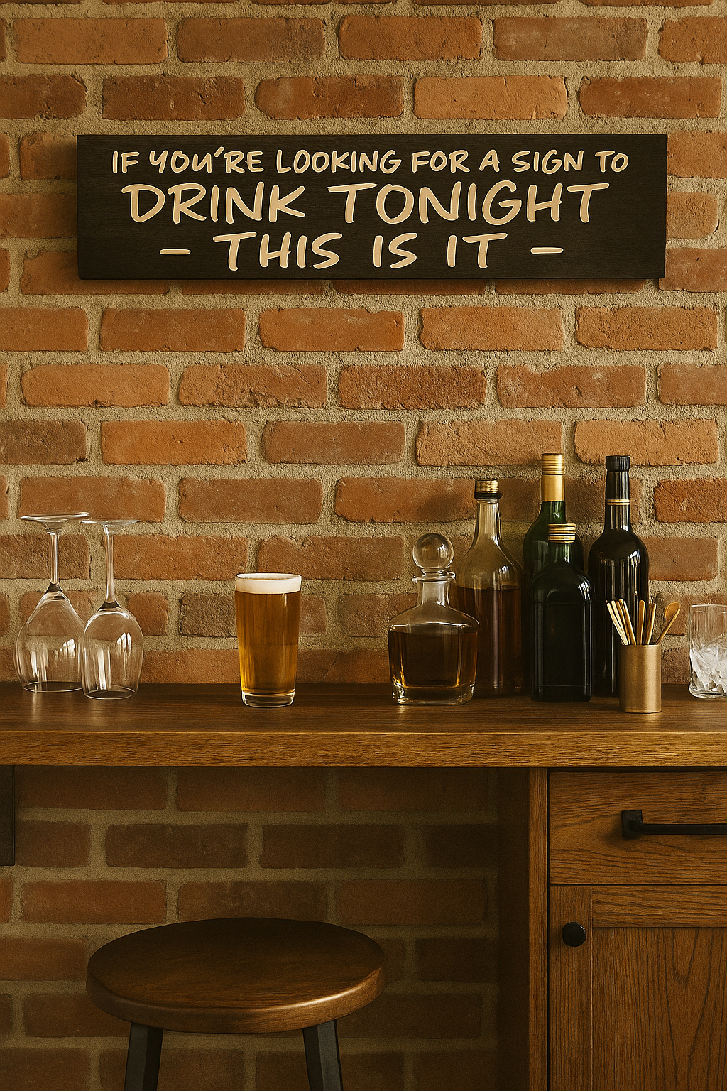 Funny bar sign reading ‘If You’re Looking for a Sign to Drink Tonight – This Is It’ on home bar wall