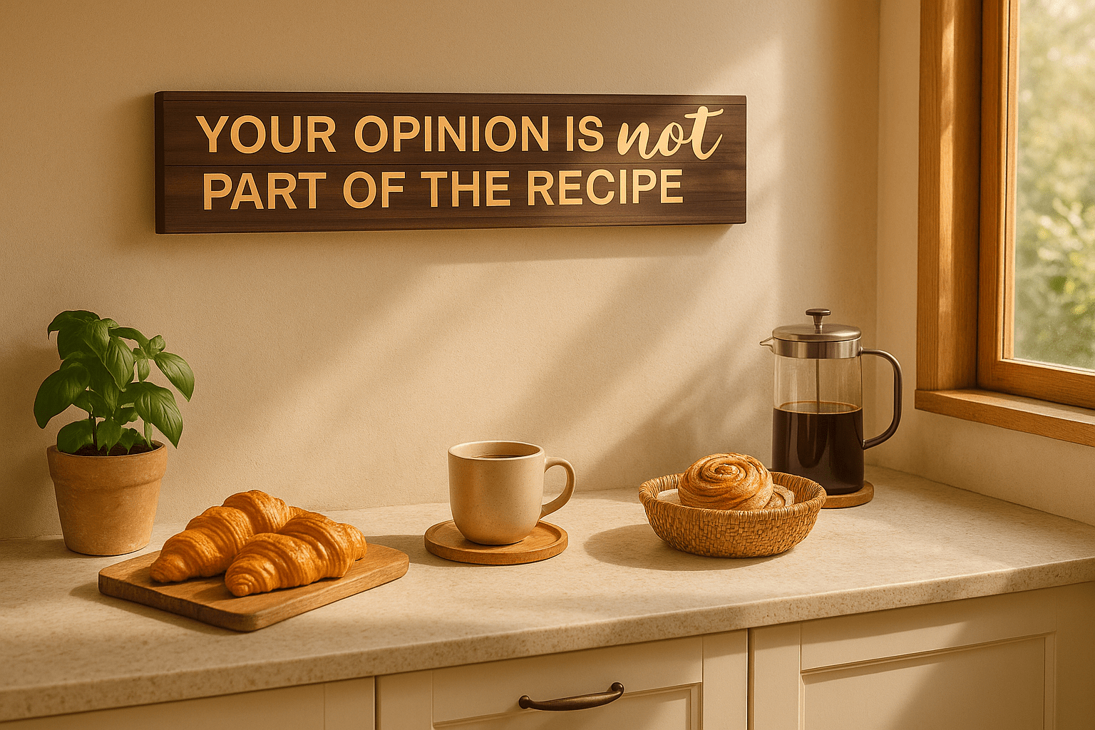 Humorous wooden kitchen sign that reads Your opinion is not part of the recipe, displayed in a cozy, rustic kitchen setting.