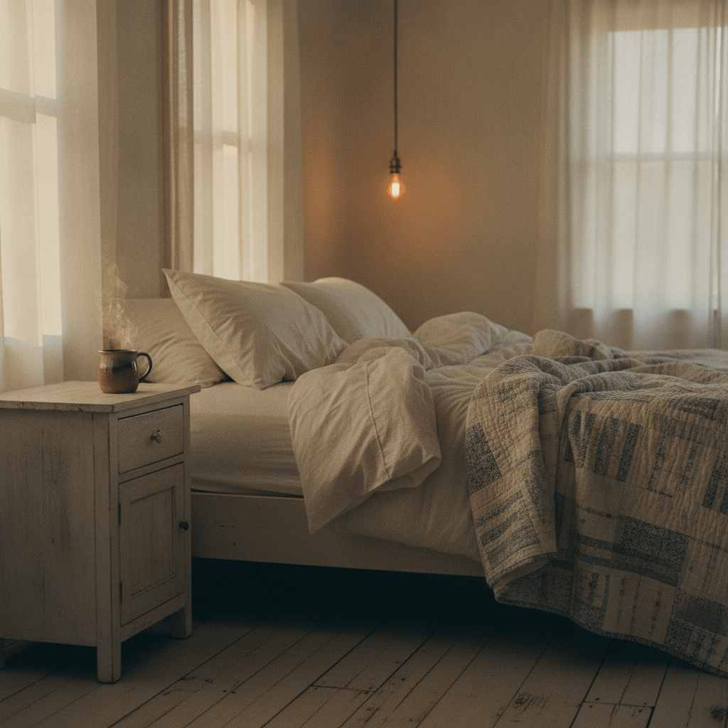 A sun-warmed Southern bedroom at early morning with an untouched coffee mug on a weathered nightstand, evoking the quiet question of why am i fatigued after a full night's sleep.