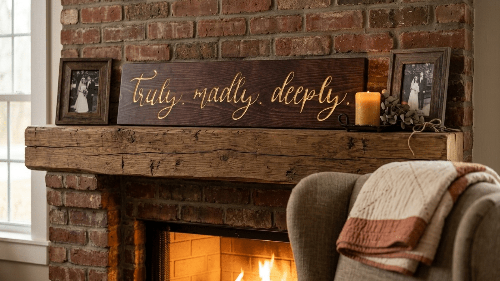 Rustic wooden 'Truly. Madly. Deeply.' sign hanging on cream shiplap above a linen-dressed queen bed with a terracotta quilt, ceramic bedside lamp, and soft morning light in a Southern farmhouse bedroom