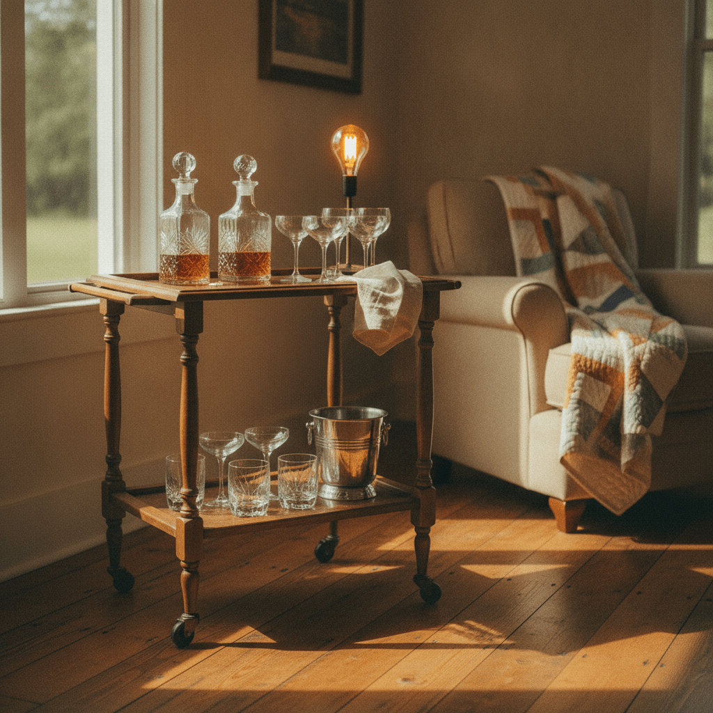 A warm Southern home bar basics setup on a weathered wooden cart bathed in golden late-afternoon light.