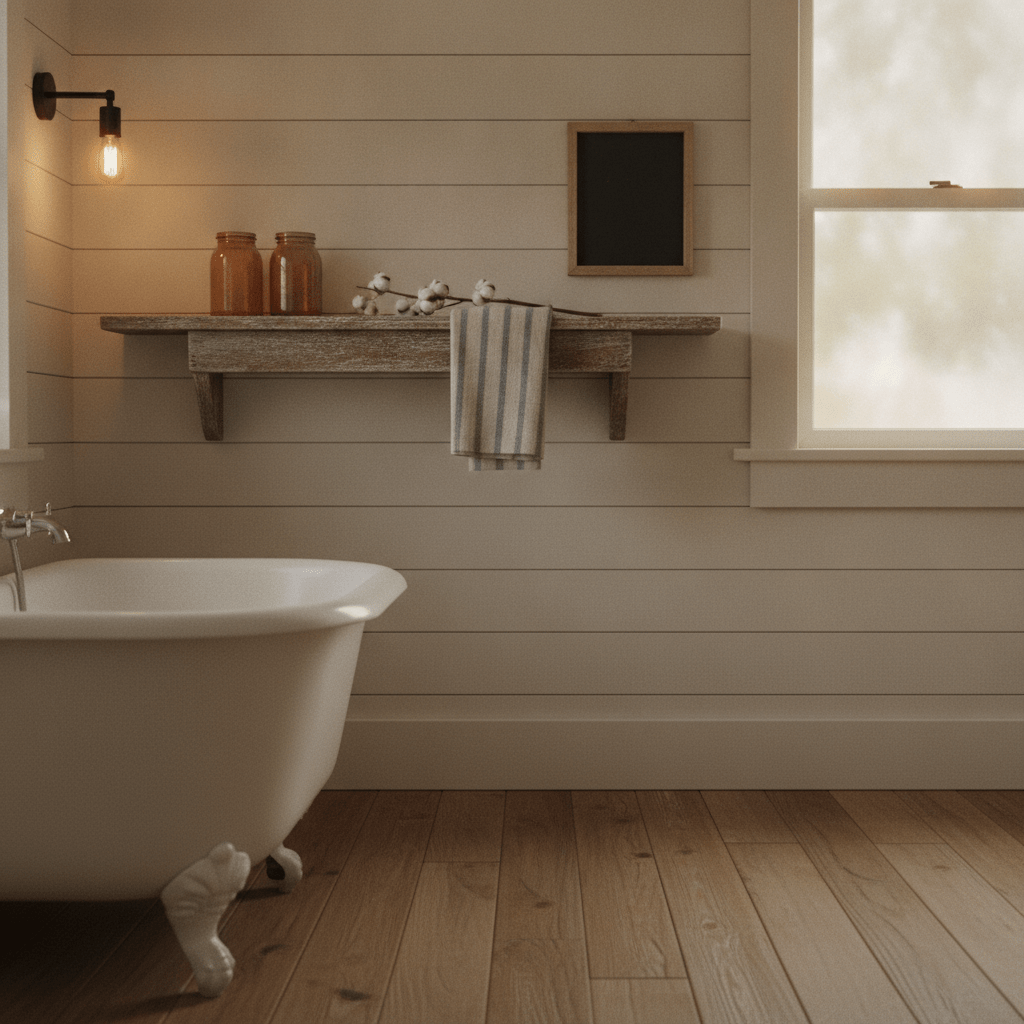 A warmly lit farmhouse bathroom with shiplap walls and a wooden shelf holding mason jars and dried cotton stems, the kind of cozy private space where bathroom sign humor finds its perfect home.