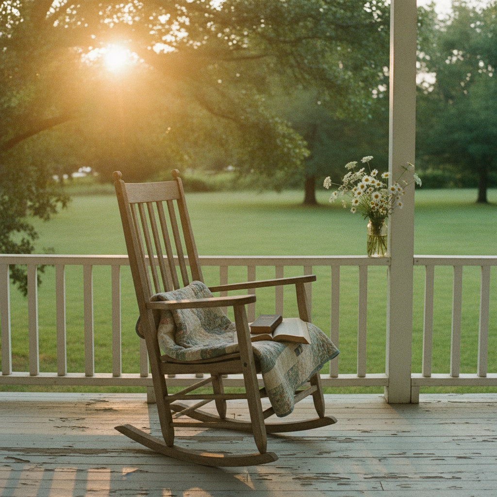 A sunlit farmhouse porch at golden hour invites you to be still, with a worn rocking chair, an open Bible resting on the armrest, and wildflowers in a mason jar on the railing.