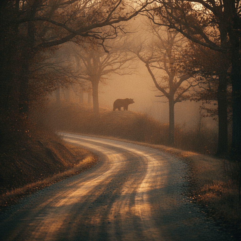 A misty Appalachian ridge at dusk with a dense tree line glowing amber and the silhouette of a large bear emerging from the forest edge, evoking the quiet power of the bear spirit animal.