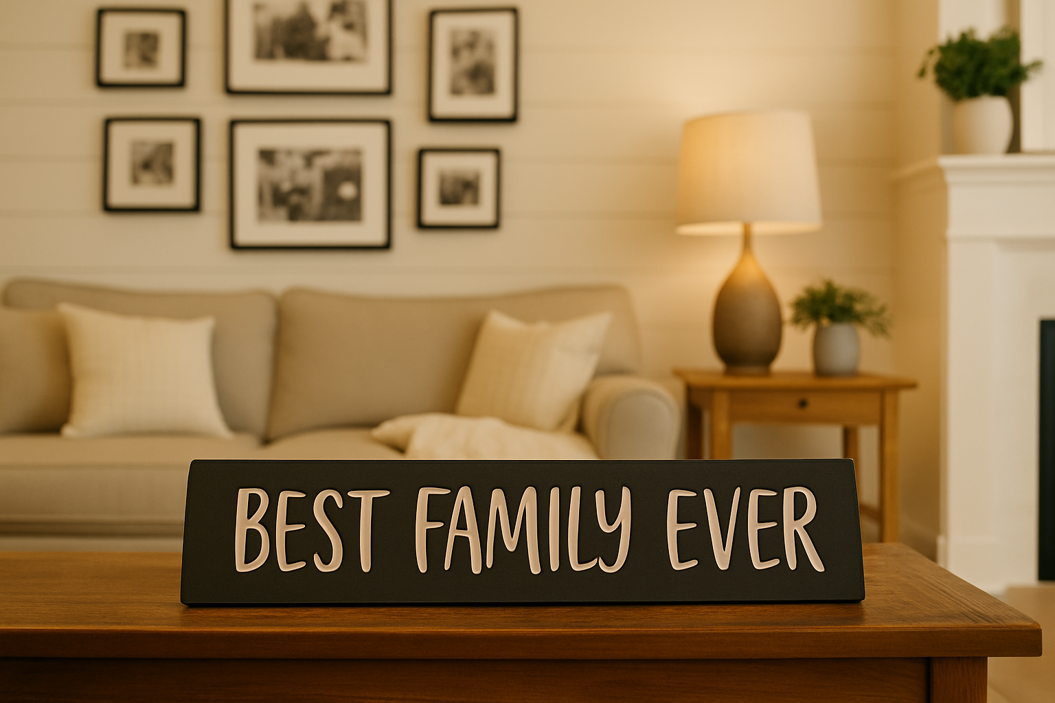 Rustic wooden sign that reads “Best Family Ever” displayed on a coffee table in a cozy living room with family photos, farmhouse décor, and warm lighting. Perfect family-themed wall art for home décor inspiration.