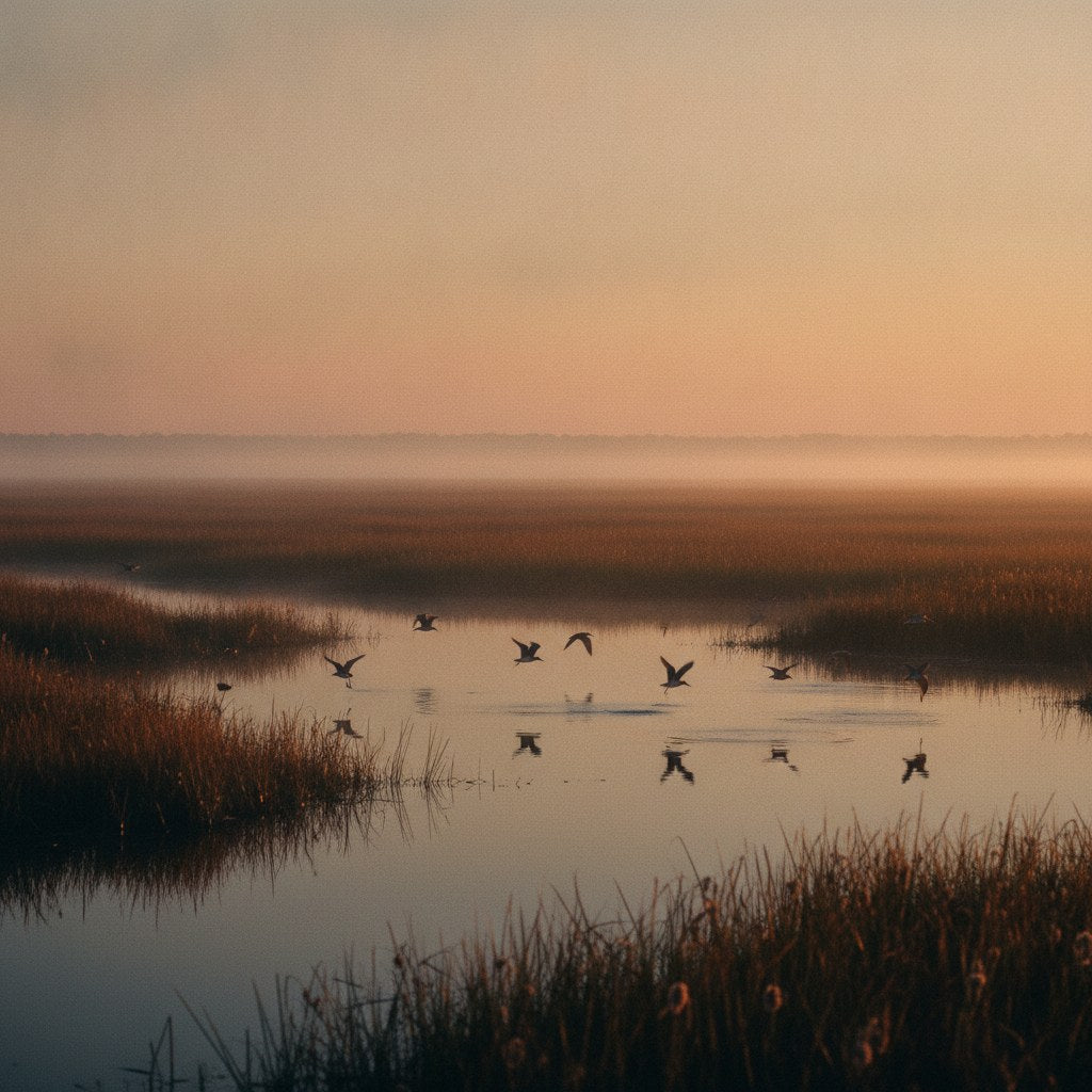 Golden sunrise light spilling across a Southern marsh as birds marsh hunters know well rise from the cattails in silhouette against a tangerine and rose sky.