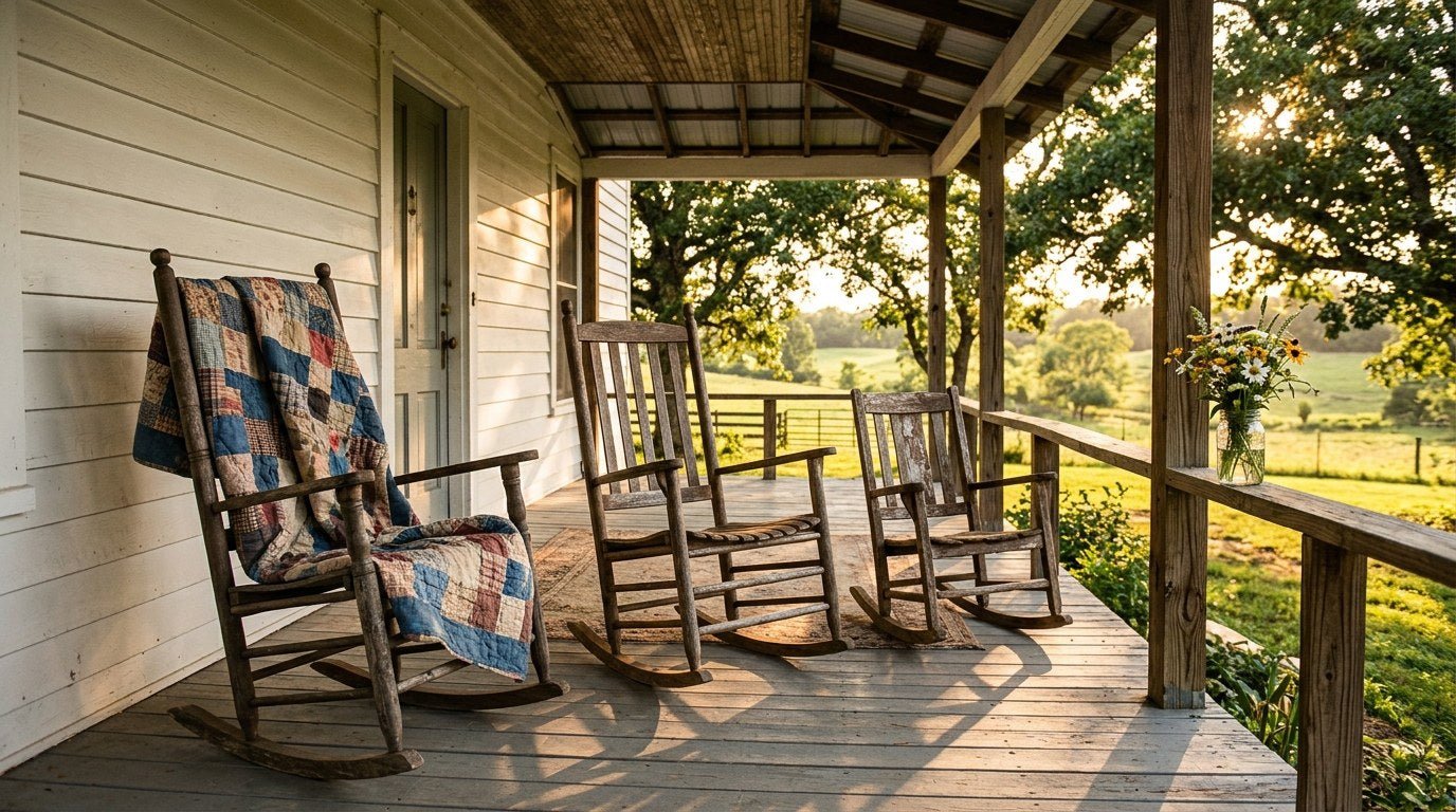 A farmhouse porch at golden hour with three mismatched rocking chairs arranged in a row, suggesting the quiet story of birth order within a Southern family.
