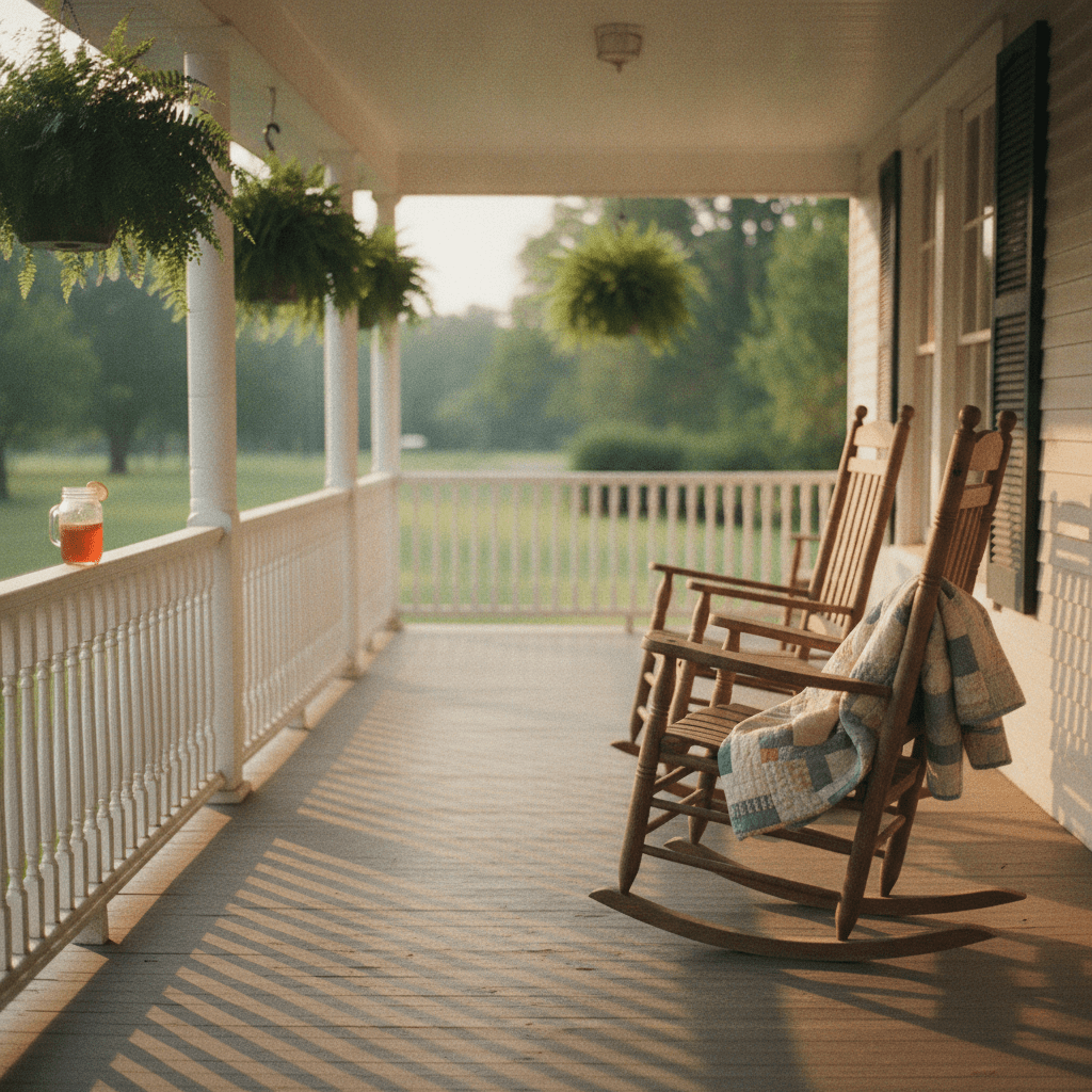 A sun-drenched Southern farmhouse porch where a worn rocking chair holds a folded quilt beside a sweating mason jar of sweet tea, the kind of quiet scene where someone might say bless your heart and mean a dozen different things.
