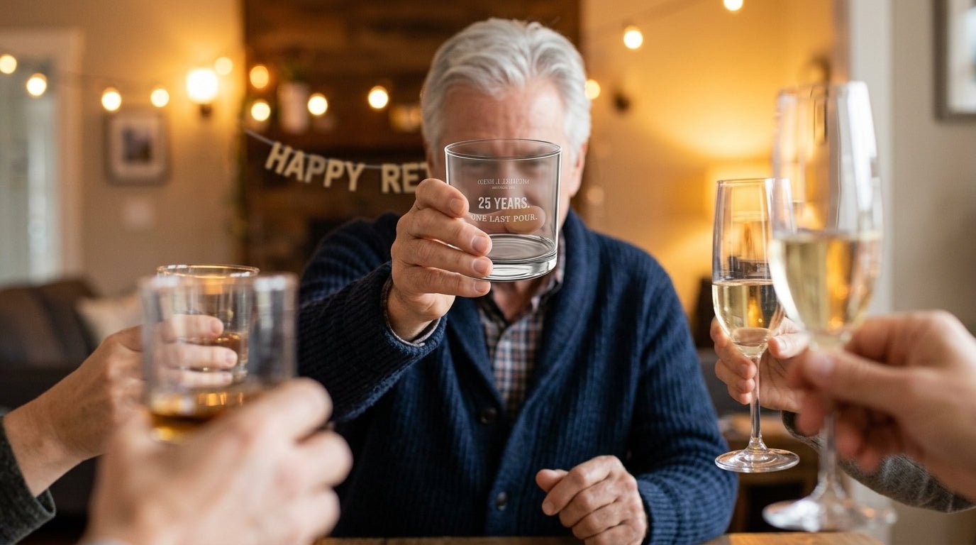 A retirement party toast in a warm living room — personalized engraved whiskey glass