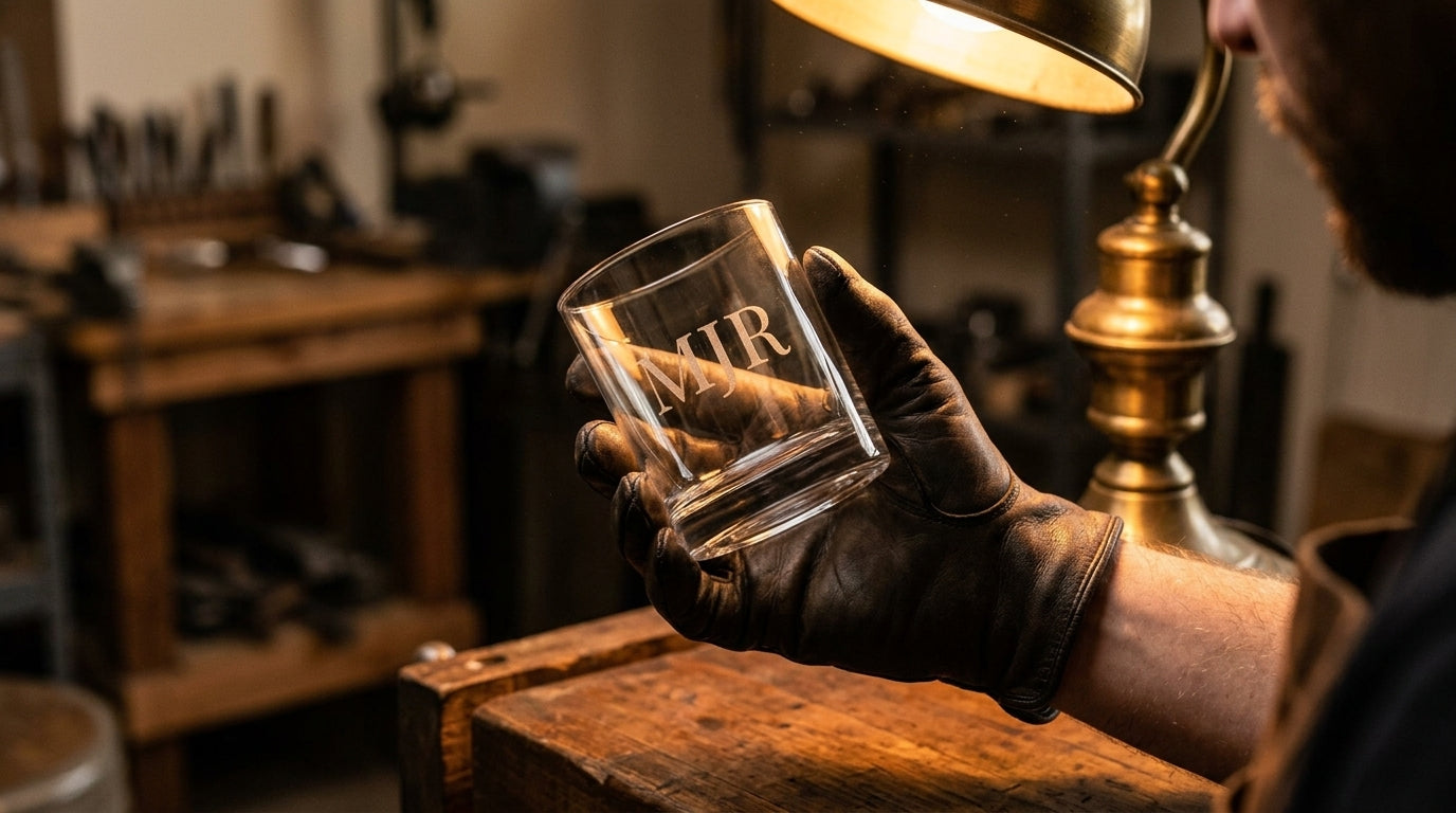 An artisan's gloved hand holding the engraved monogram glass up to a workshop lamp — personalized engraved whiskey glass