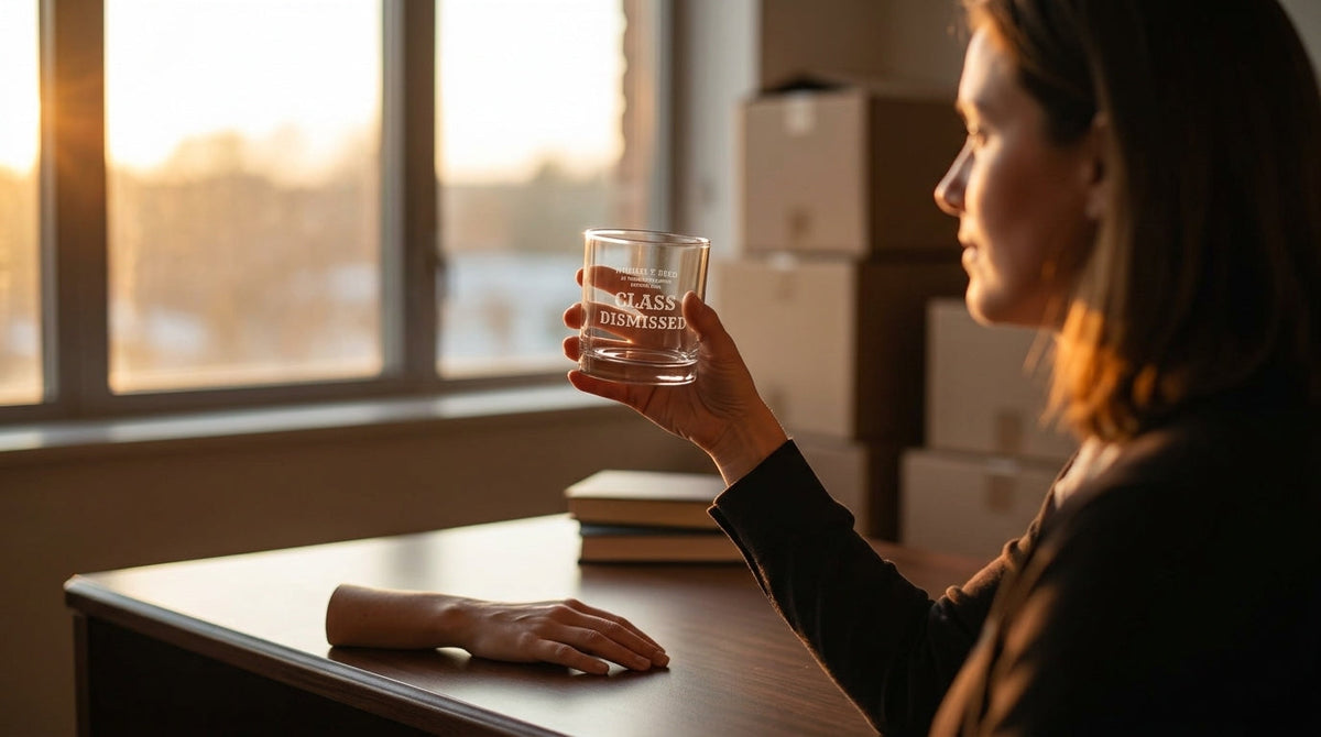 A teacher at her emptied classroom desk at golden hour — personalized engraved whiskey glass
