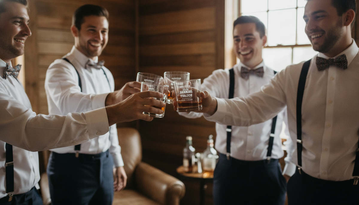 A groom and four groomsmen in shirtsleeves and suspenders mid-toast in a wedding prep room — personalized engraved whiskey glass