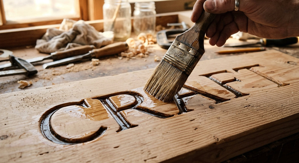 Brush working clear exterior finish into carved sign lettering, how to seal a wood sign for outdoors