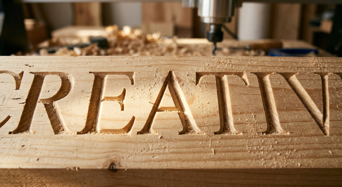 Freshly CNC carved serif letters in a pine board showing v carve lettering depth and crisp groove walls