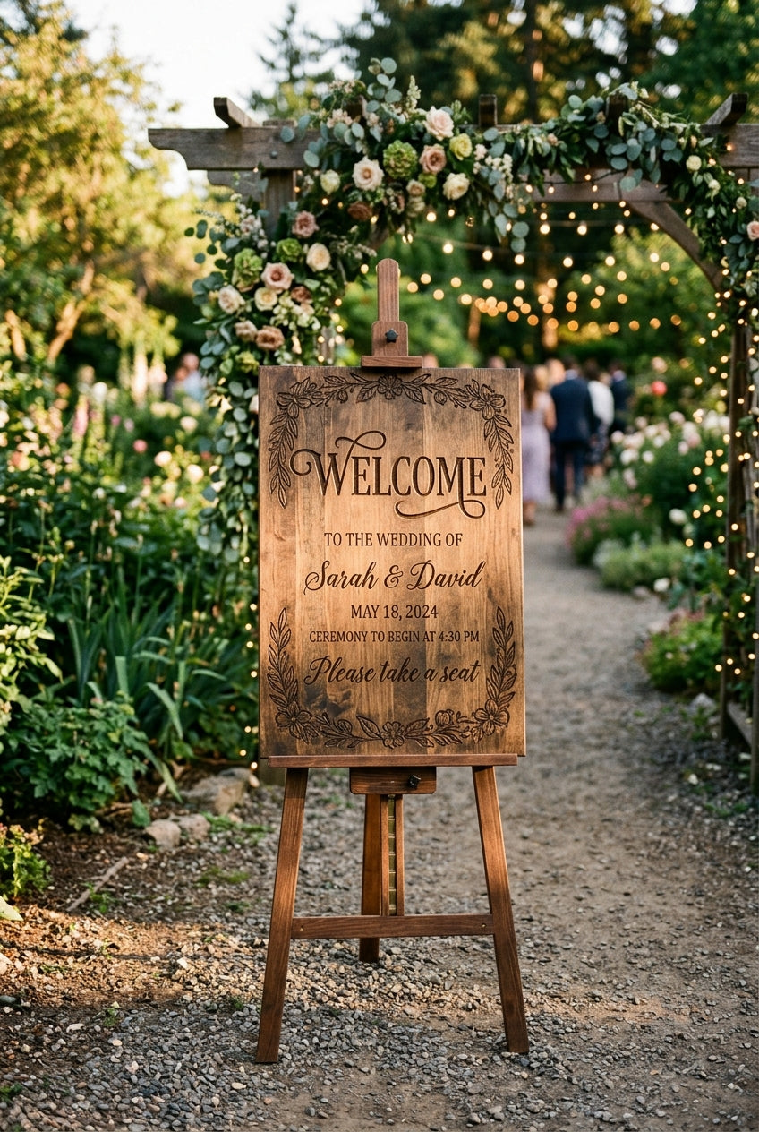 Carved wood wedding welcome sign on an easel at a garden venue entrance, the standard wedding welcome sign size on display