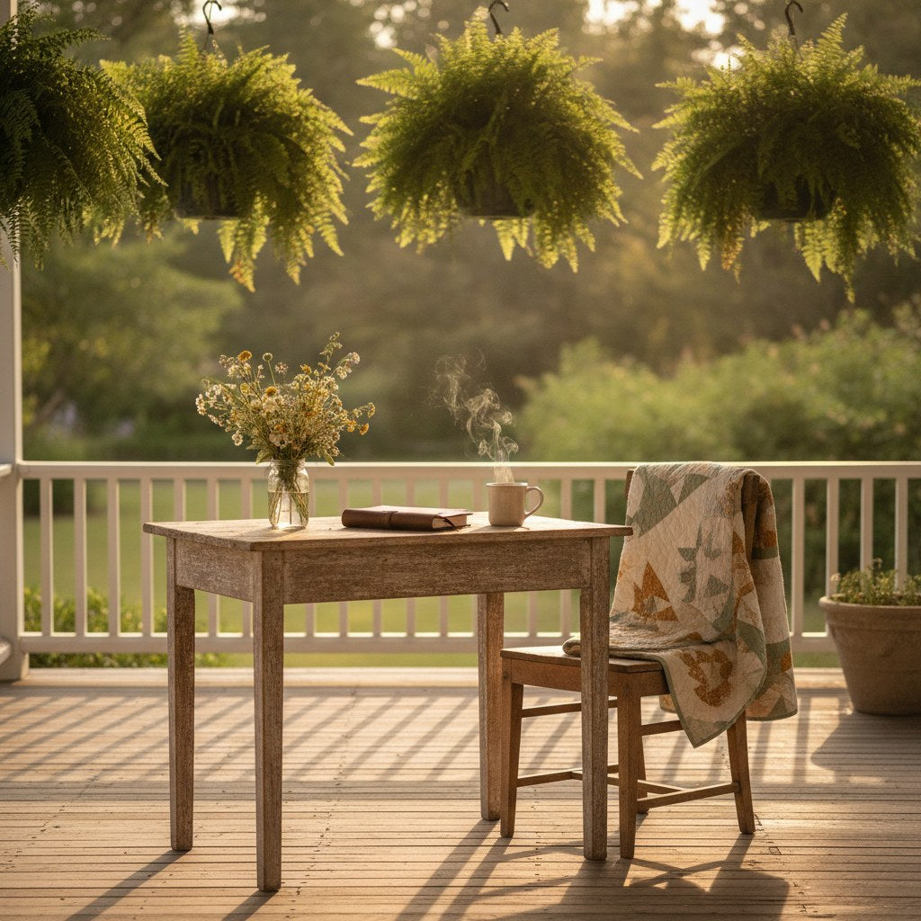 A quiet farmhouse porch desk at golden hour suggesting the calm clarity that comes from setting boundaries at work.