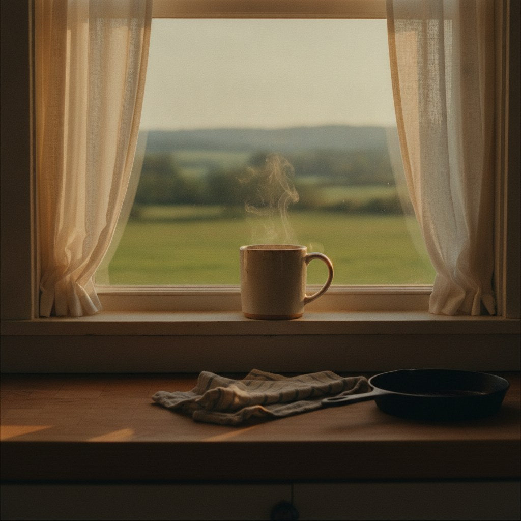 A steaming coffee mug rests on a worn farmhouse windowsill at dawn, capturing the quiet tension of caffeine and anxiety in an early Southern morning.