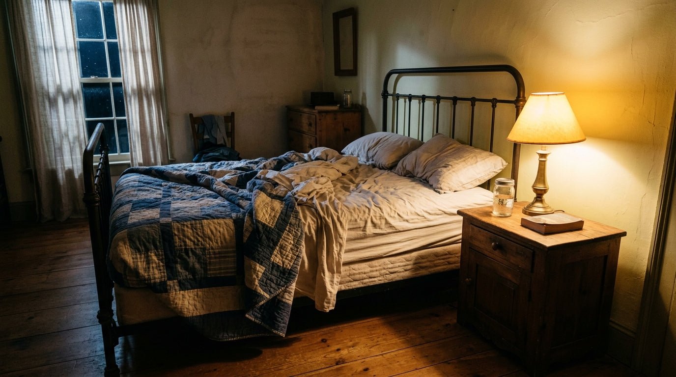 A dimly lit farmhouse bedroom at midnight where someone cant sleep, rumpled quilt twisted at the foot of a worn wooden bed beneath a single warm bedside lamp.