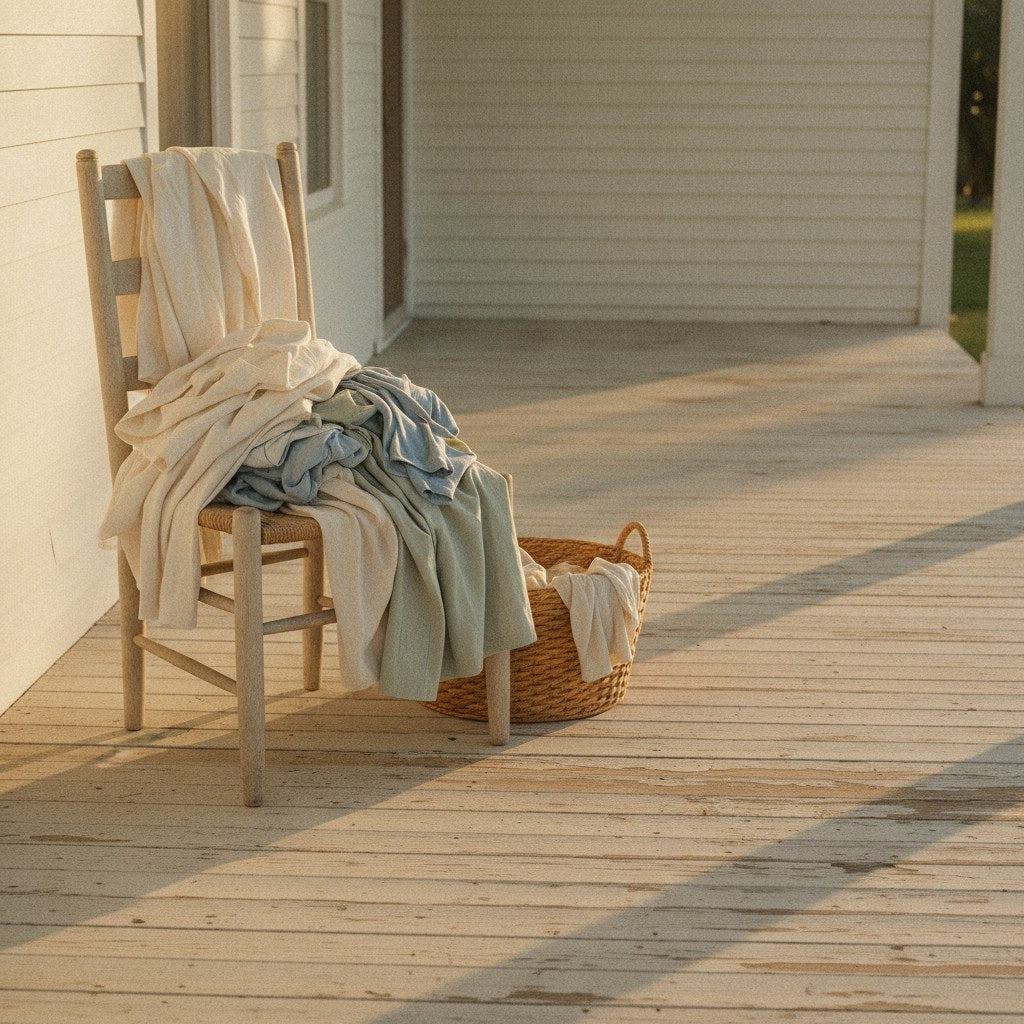 A pile of rumpled linen and cotton clothing draped over a weathered farmhouse chair beside a sunlit laundry basket, evoking the quiet confusion of decoding care symbols on laundry day.