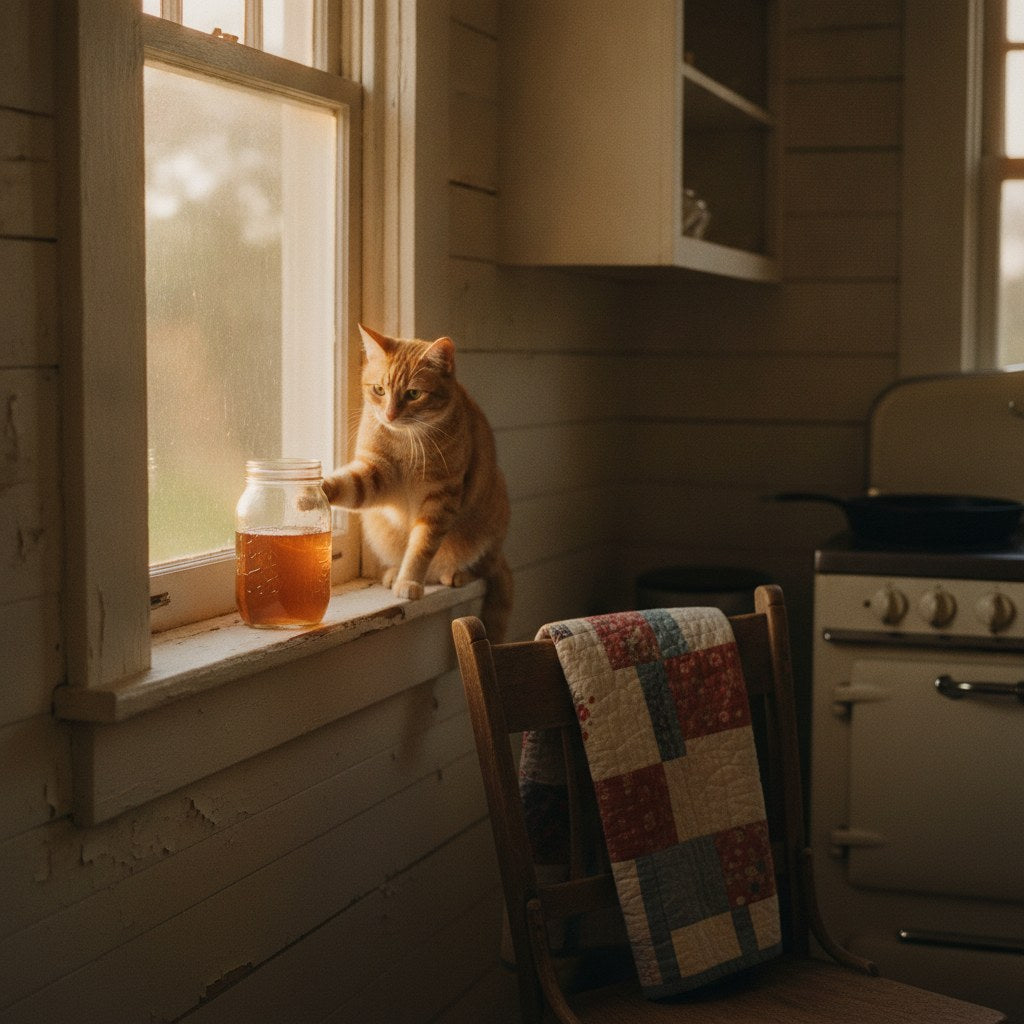 A tabby cat perched on a weathered farmhouse windowsill, staring down a mason jar teetering at the edge in warm golden morning light — cats behaviours explained in one perfectly smug moment.