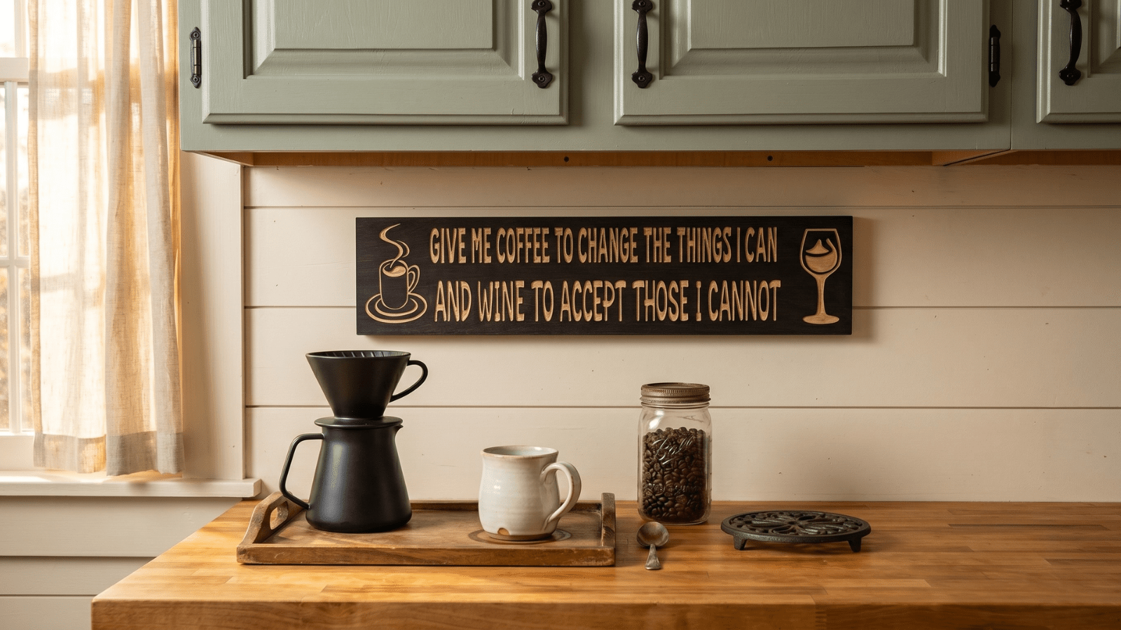 Carved hardwood funny coffee and wine sign mounted on cream shiplap above a farmhouse kitchen coffee bar with a ceramic mug, pour-over setup, and mason jar of coffee beans in warm morning light