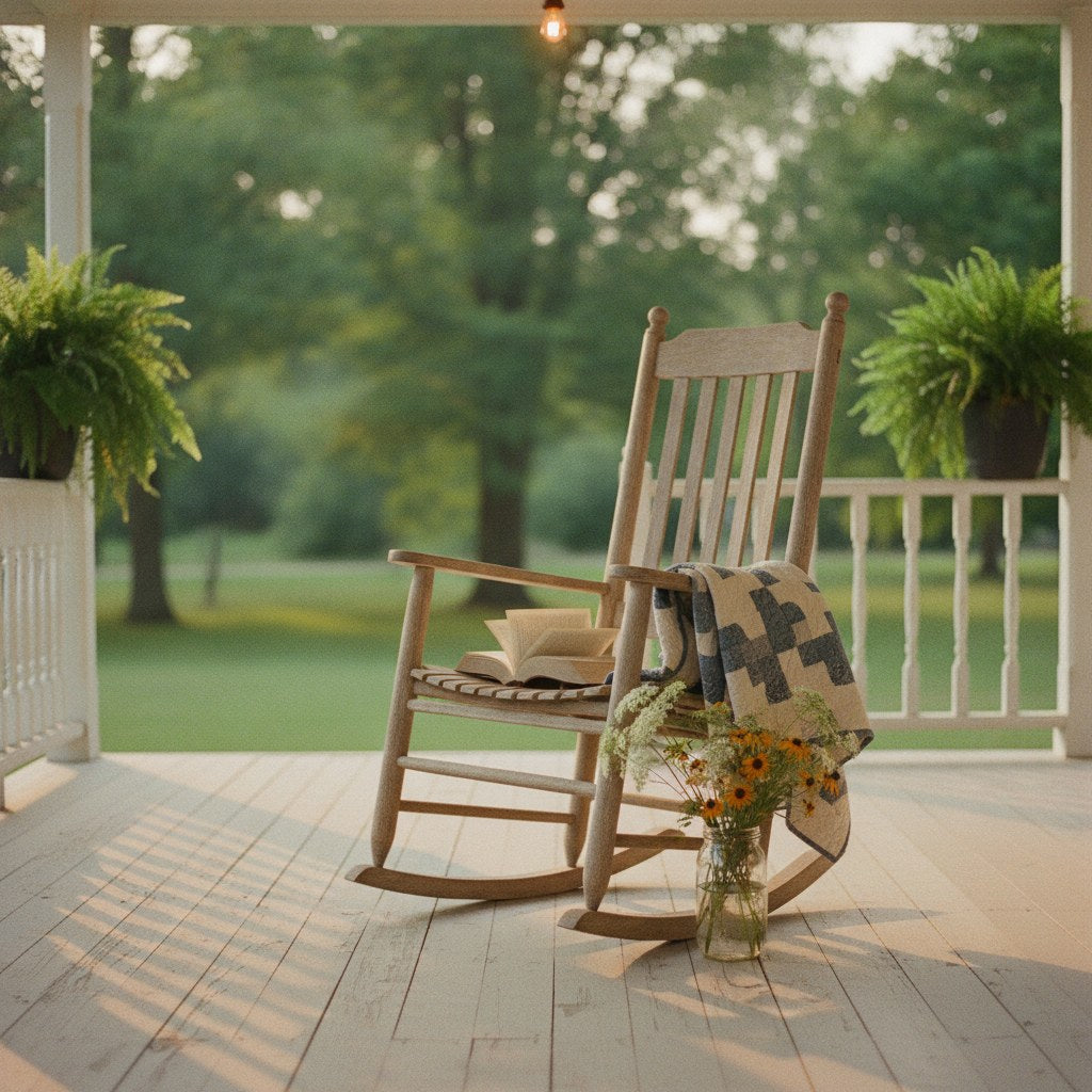 A sun-warmed Southern farmhouse porch at golden hour, with an open worn Bible resting on a weathered rocking chair beside a mason jar of wildflowers.