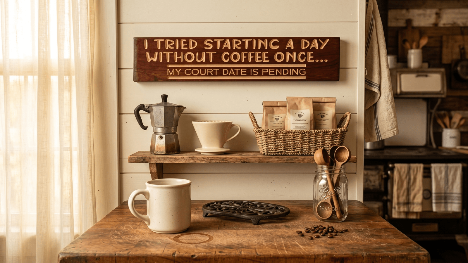 Funny hardwood coffee sign reading I Tried Starting a Day Without Coffee Once My Court Date Is Pending mounted above a farmhouse kitchen coffee bar with a ceramic mug, pour-over dripper, and mason jar of coffee scoops on a butcher-block counter