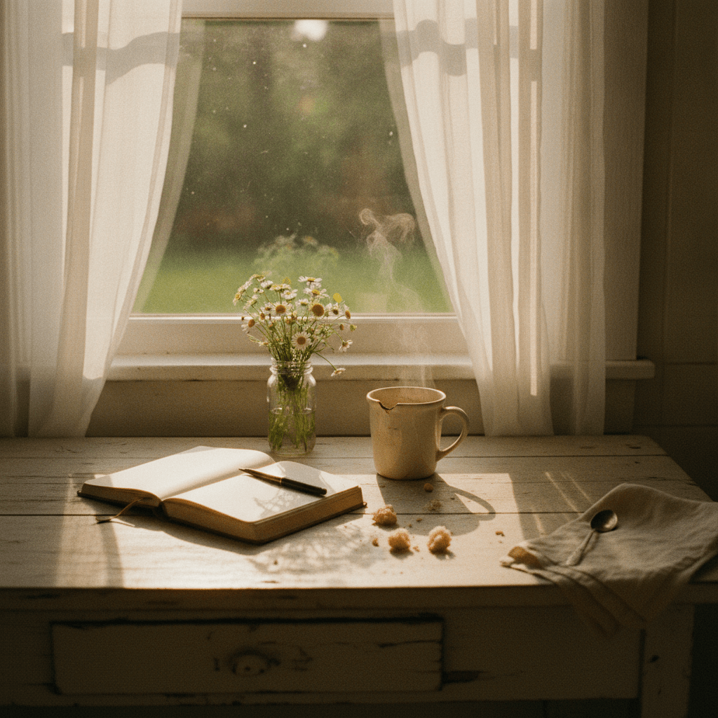 A worn farmhouse kitchen windowsill at golden hour holds a chipped ceramic mug, a handwritten journal, and a small mason jar of wildflowers — the kind of quiet morning scene that makes coffee quotes feel personally true.