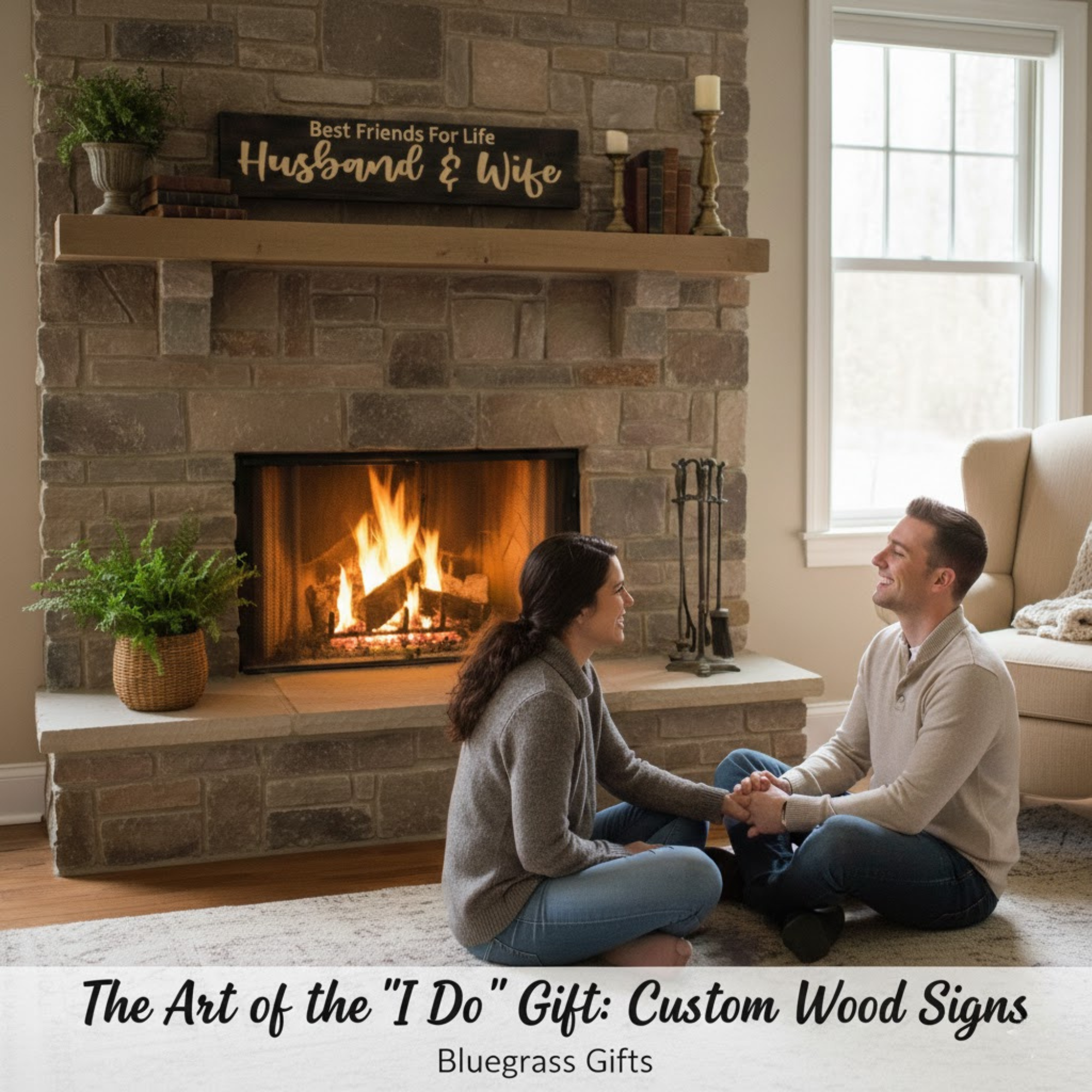 A young couple sitting on a rug in front of a warm stone fireplace, smiling at each other with a custom-carved "Best Friends For Life Husband & Wife" wood sign displayed on the mantel above.