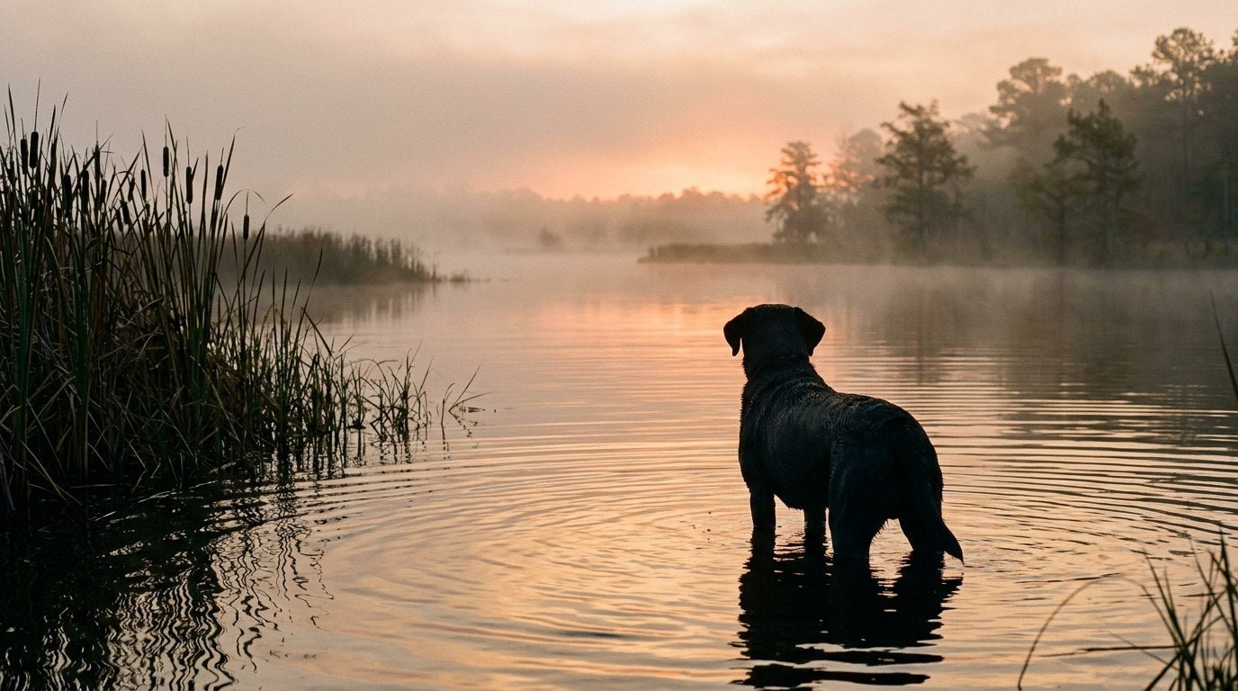 A black Labrador retriever standing at the edge of a misty marsh at golden hour, water droplets catching the early morning light.