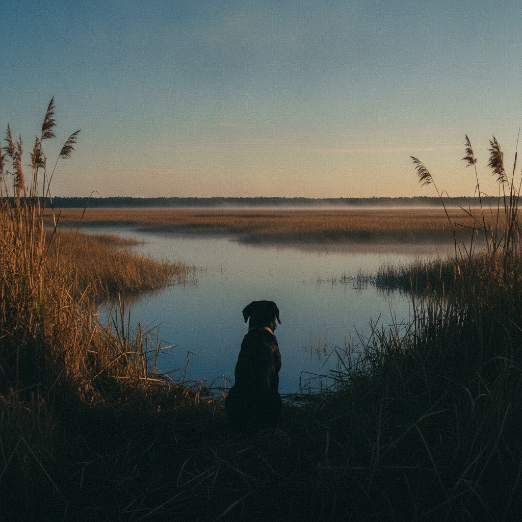 A black duck hunting labrador sits at the edge of a misty marsh at dawn, still and focused against amber cattails and soft silver water.