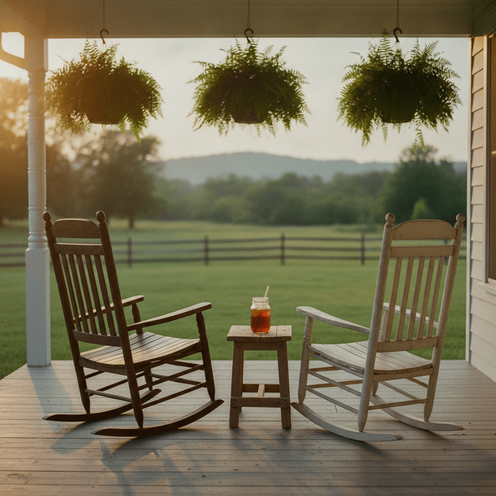 A sun-drenched Southern porch with two empty rocking chairs facing an overgrown yard, the kind of easy worth doing scene that feels like a full afternoon well spent.