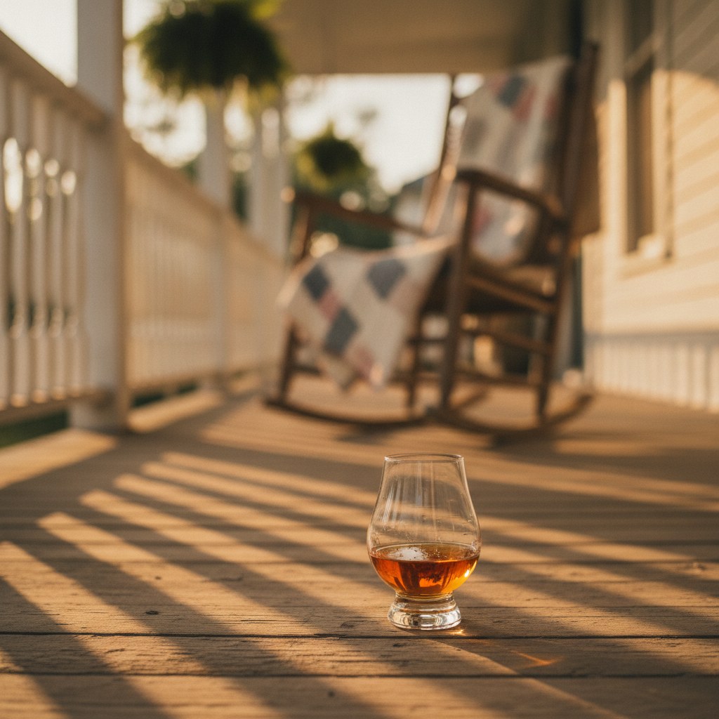 A weathered farmhouse porch at golden hour with a poured glass of amber bourbon resting on a worn wooden railing beside a rocking chair and a folded quilt.
