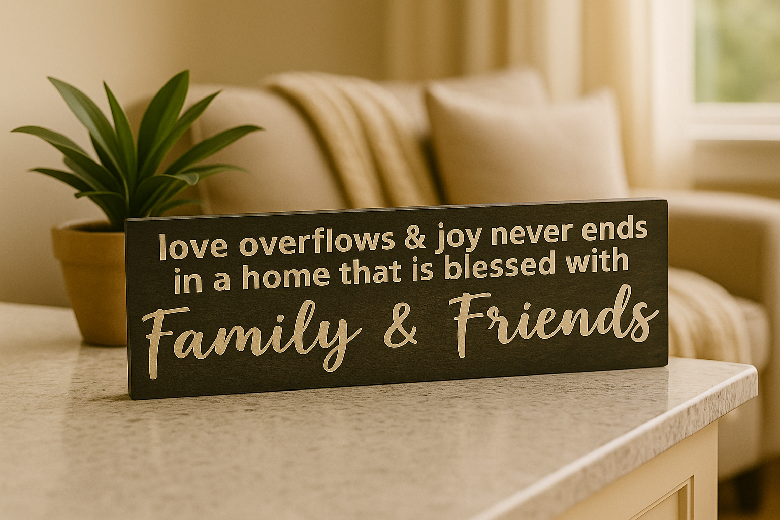 Wooden sign with the words “Family & Friends” on a countertop in a cozy living room.