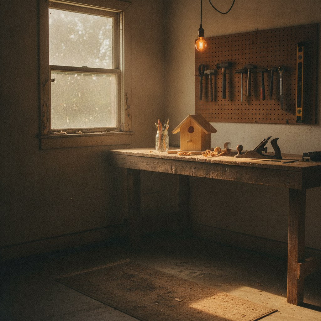 A sun-warmed Southern workshop corner with worn pegboard, vintage hand tools, and a half-finished wooden project on a scarred workbench — the kind of peaceful dad sanctuary every fathers day meme gets exactly right.