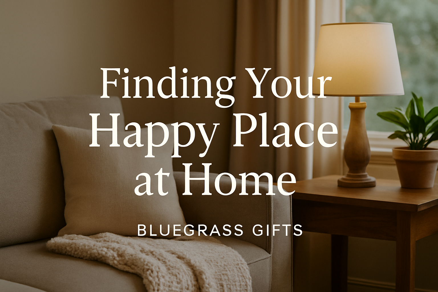 Cozy living room with sofa, pillows, lamp, and blanket, styled for the Bluegrass Gifts blog post 'Finding Your Happy Place at Home'