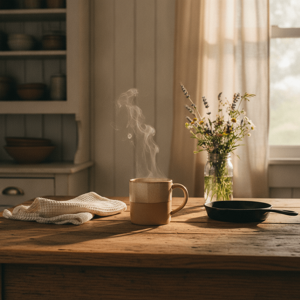 A quiet farmhouse kitchen at dawn with a steaming ceramic mug resting on a worn wooden table, capturing the stillness of a first cup coffee ritual.