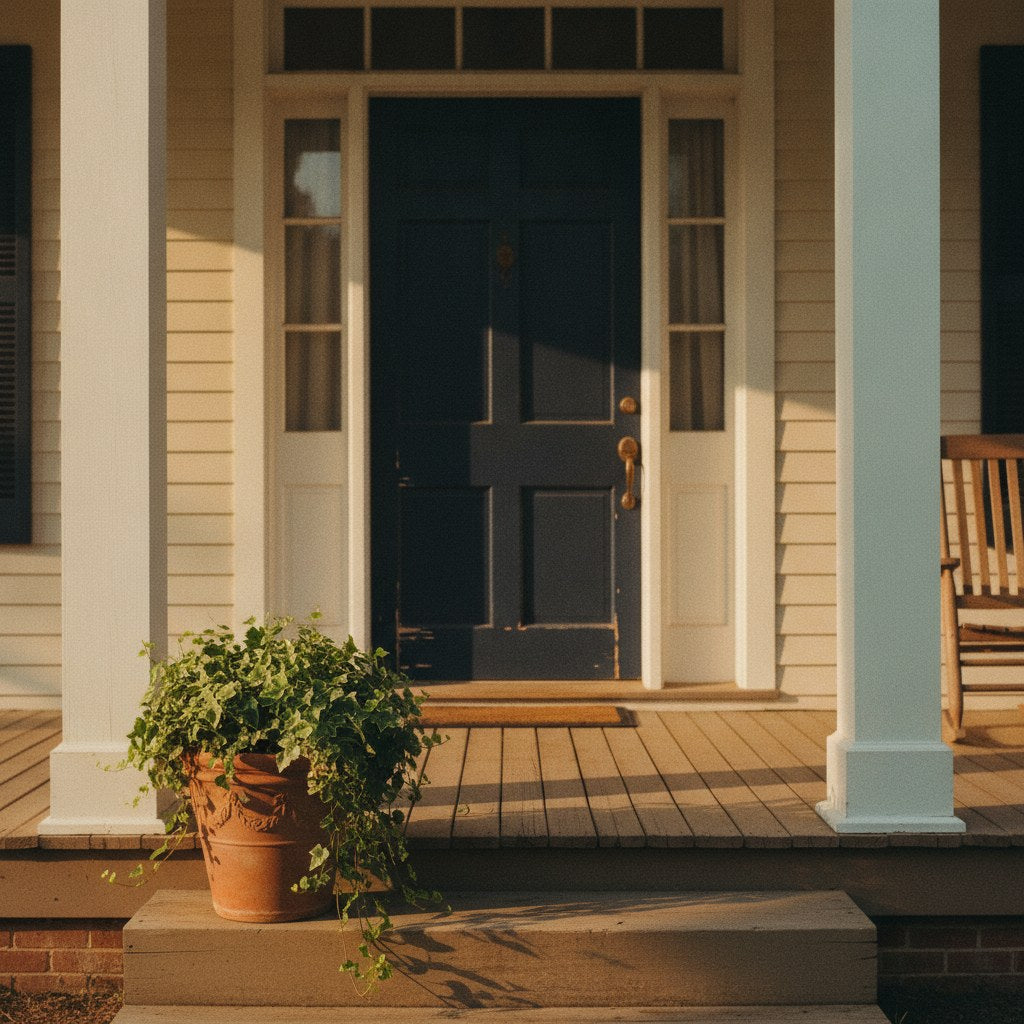 A deep navy front door color anchors a weathered Southern farmhouse porch bathed in warm late-afternoon golden light.
