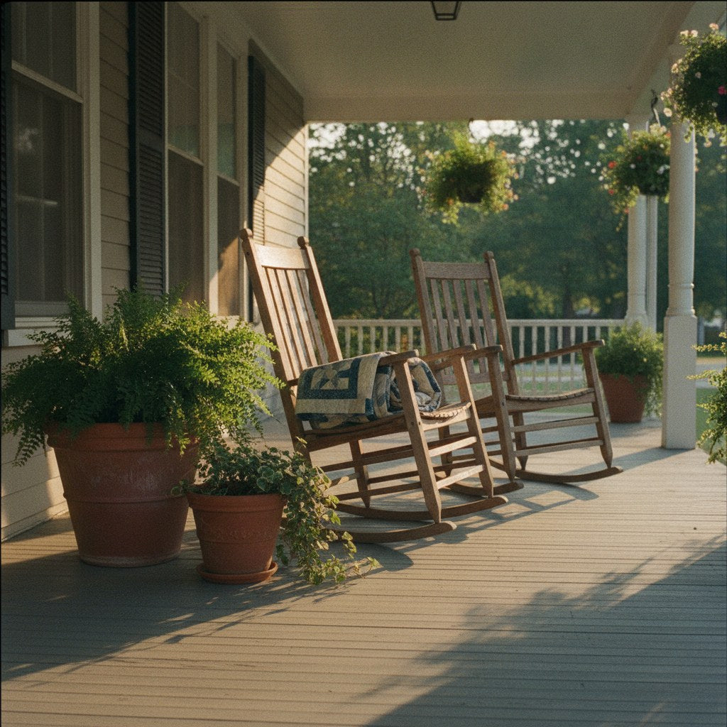 A sun-warmed front porch with weathered rocking chairs, layered potted ferns, and a worn wooden floor glowing in late-afternoon golden light.