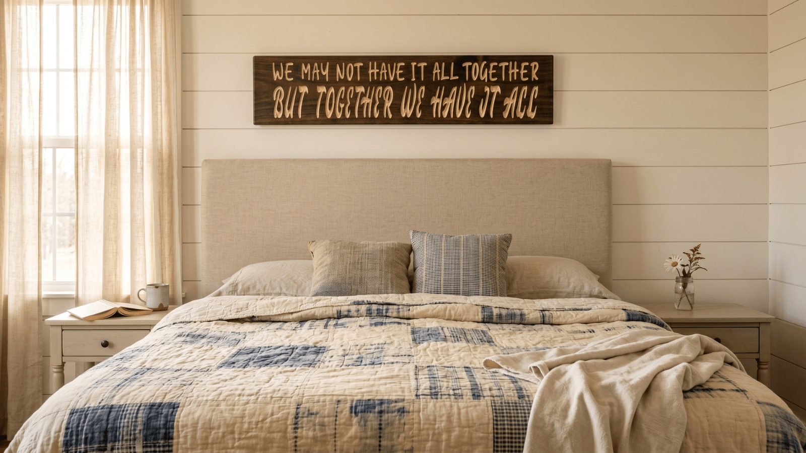 Rustic farmhouse master bedroom with cream shiplap wall, patchwork quilt on bed, mismatched nightstands, and a wooden sign reading 'We May Not Have It All Together But Together We Have It All' hung above the headboard in warm morning light