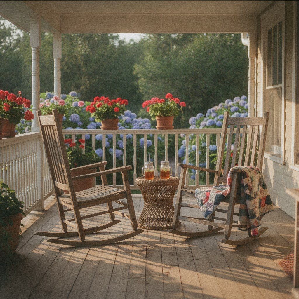 A sunlit Southern farmhouse porch swing draped with a faded quilt, two empty rocking chairs facing a golden late-afternoon yard — the kind of scene that captures the warmth behind funny grandparent quotes about enjoying the good parts of family life.