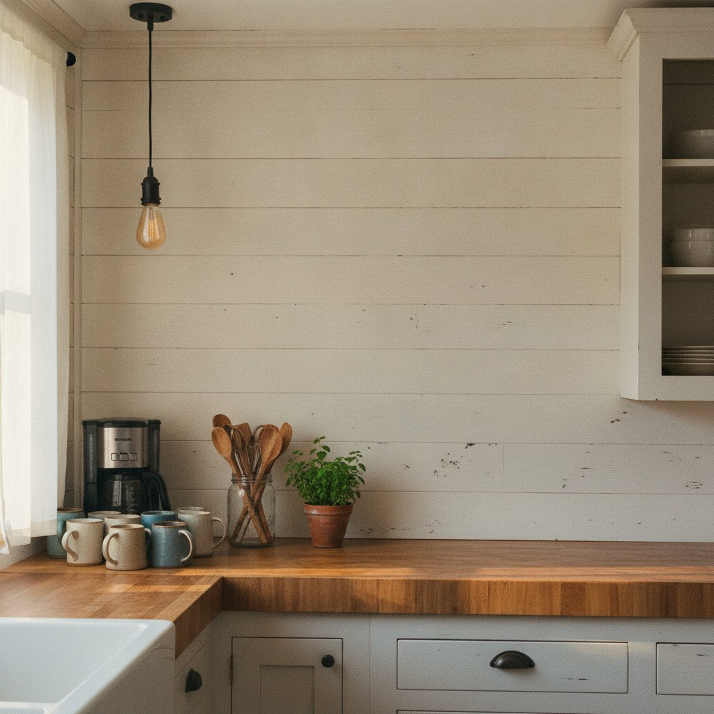 Warm farmhouse kitchen corner at golden morning light where a funny motherhood quote might live above a coffee station cluttered with mason jars and a cast iron skillet.