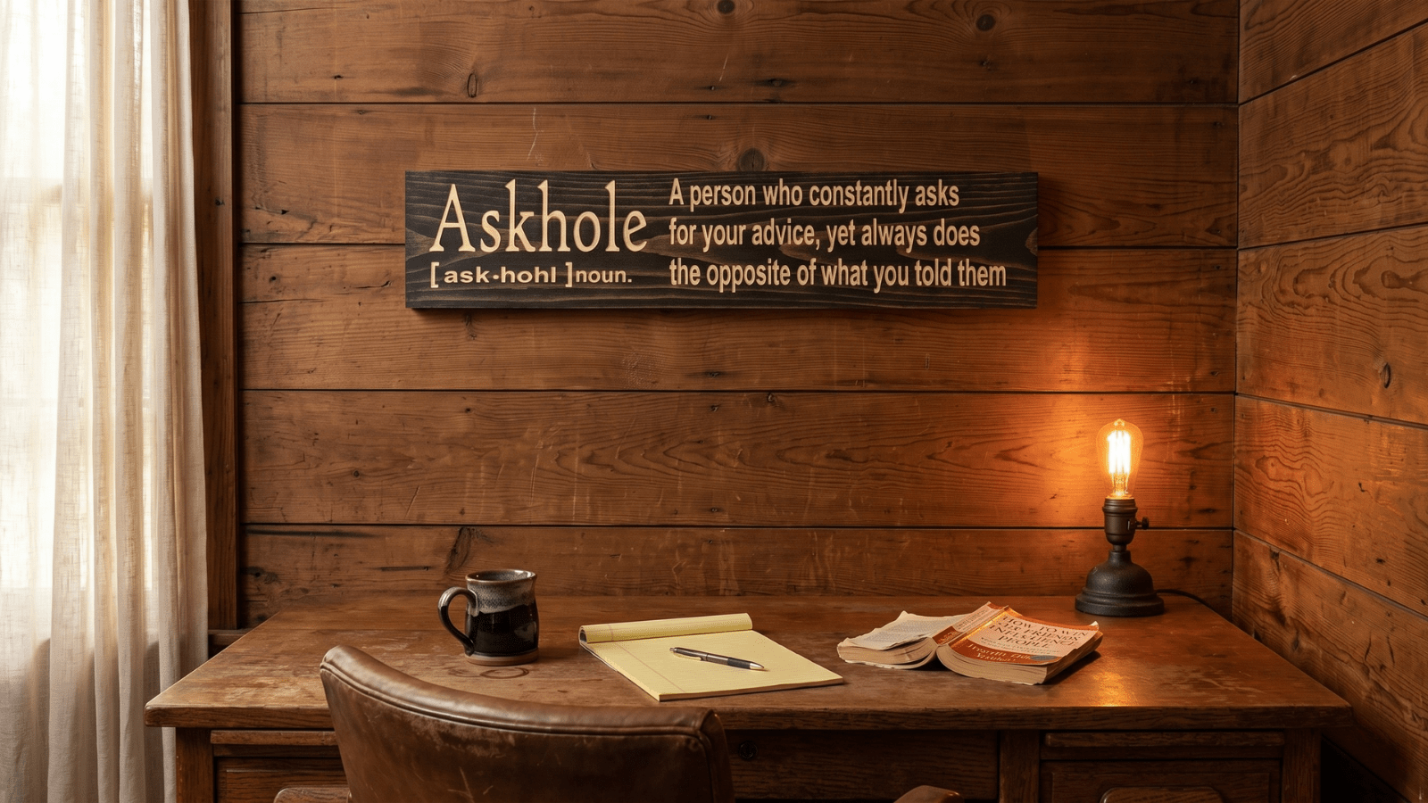 Funny wooden Askhole definition sign hanging on aged cedar paneling above a rustic oak desk with a ceramic coffee mug, a worn paperback book, and a yellow legal pad in a warm Southern home office