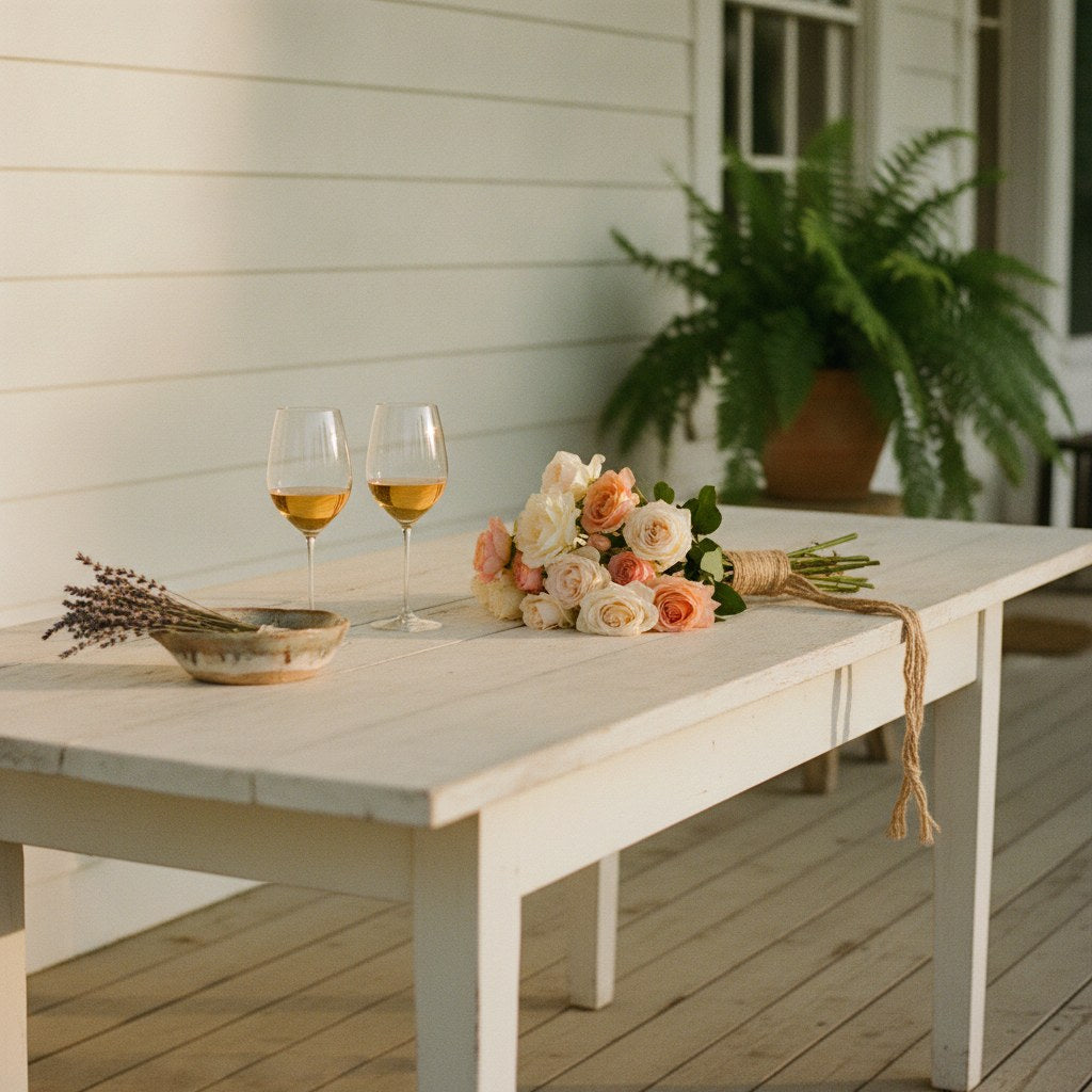 A sunlit Southern farmhouse porch corner styled with thoughtful godmother gift ideas — wine glasses, fresh flowers, and a linen wrap arranged on a weathered wood table.
