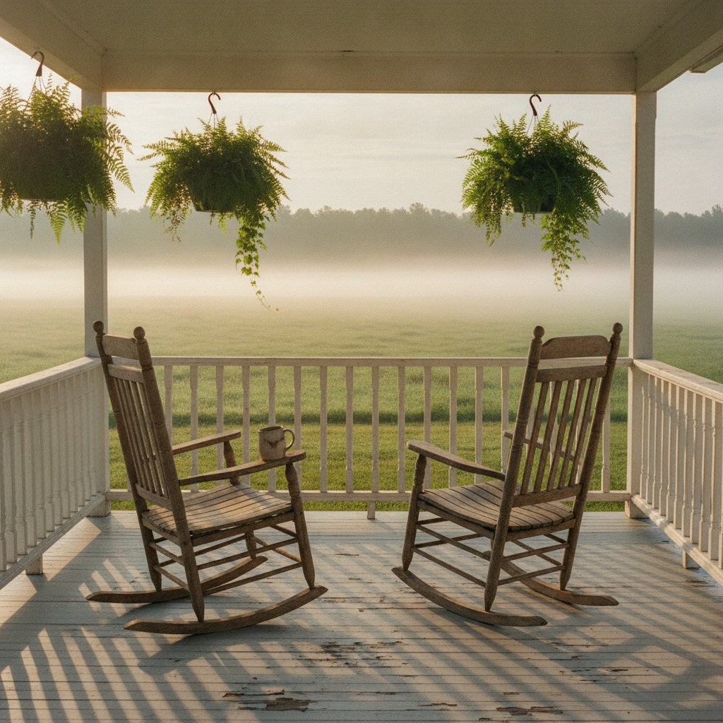 A sunlit farmhouse porch with two weathered rocking chairs facing a misty Kentucky morning, suggesting the kind of unhurried conversation a good manager makes time for.