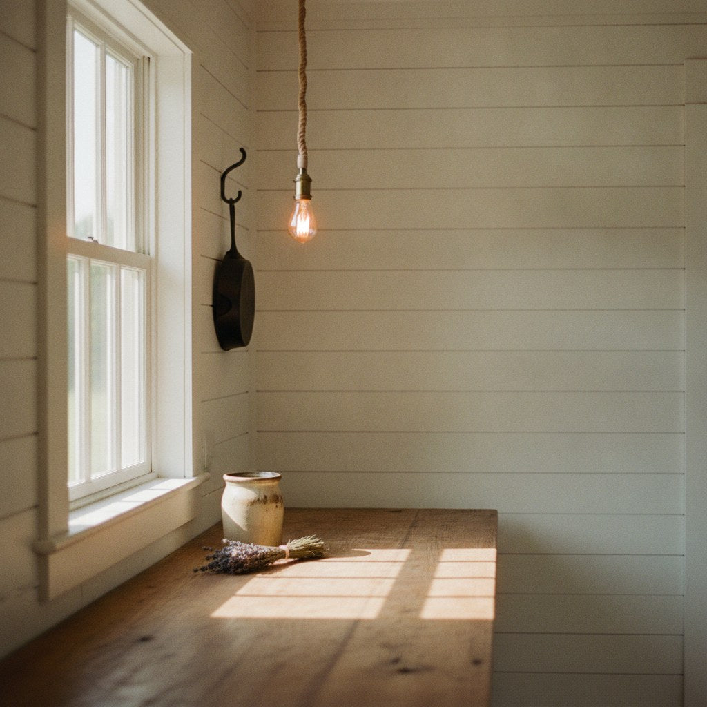 A sun-warmed farmhouse kitchen wall beside a window where grandma quotes would live in daily view, styled with dried herbs and a cast iron skillet.