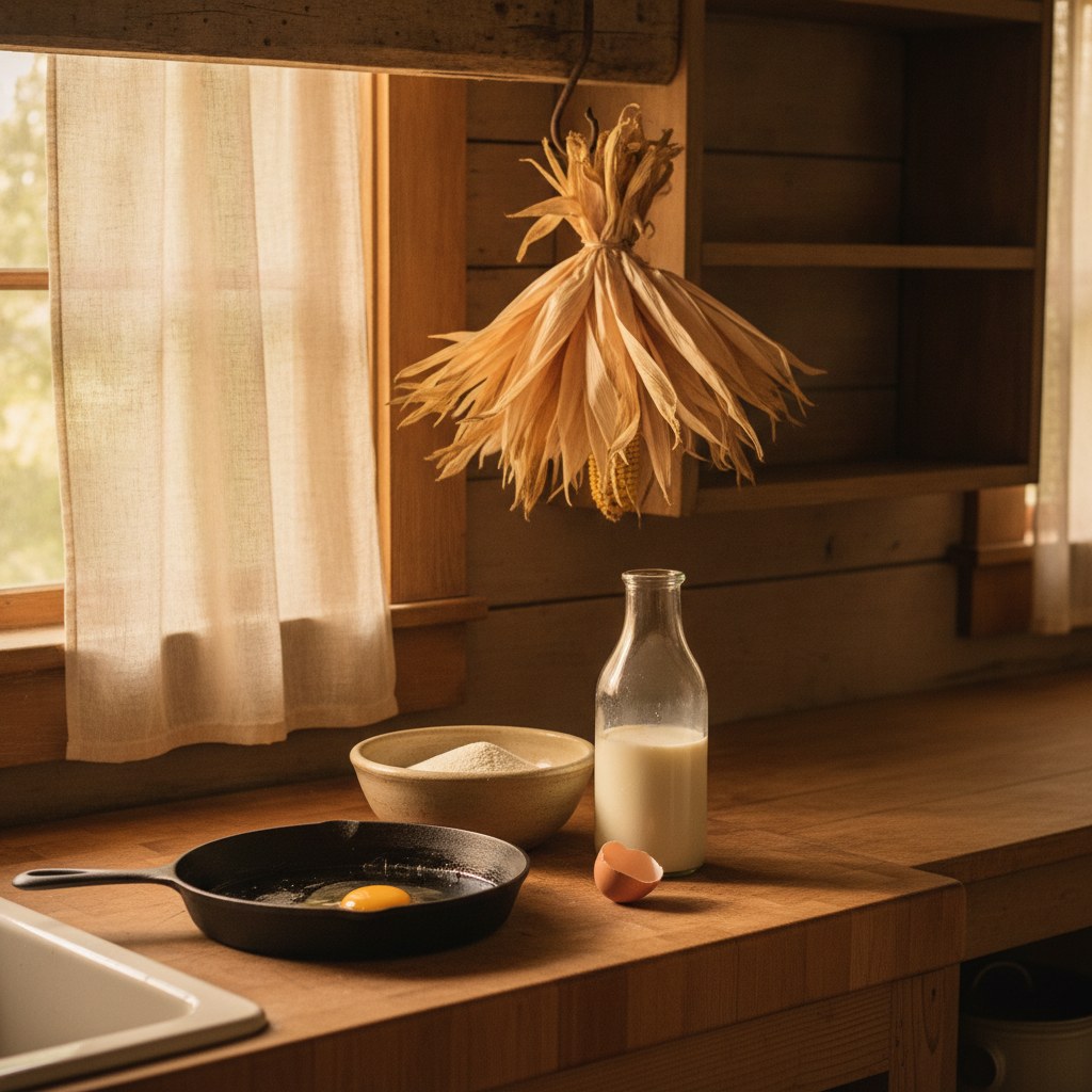 A sun-warmed farmhouse kitchen counter holding a seasoned cast iron skillet beside a ceramic bowl of cornmeal, evoking the quiet ritual of grandma's buttermilk cornbread.