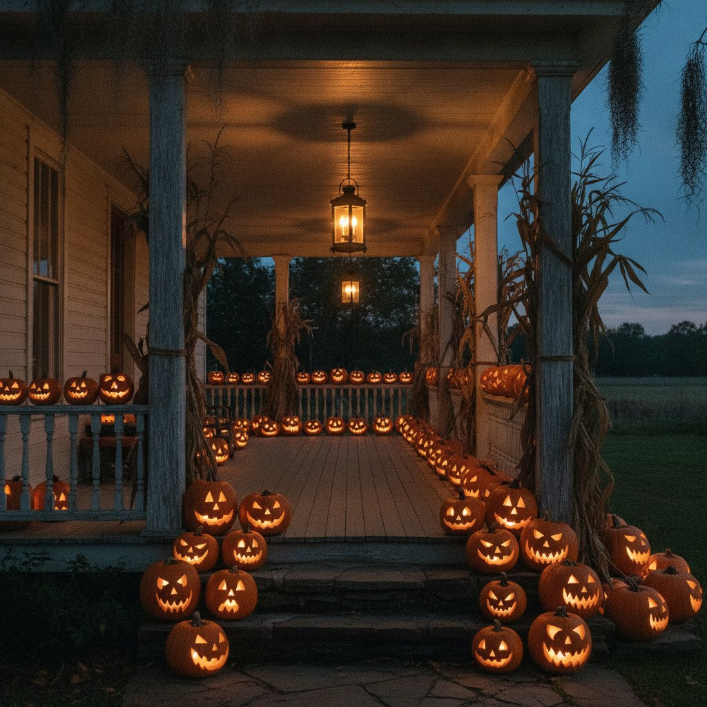A wide Southern farmhouse covered porch at dusk decorated for Halloween America with carved pumpkins, dried corn stalks, and glowing lanterns.