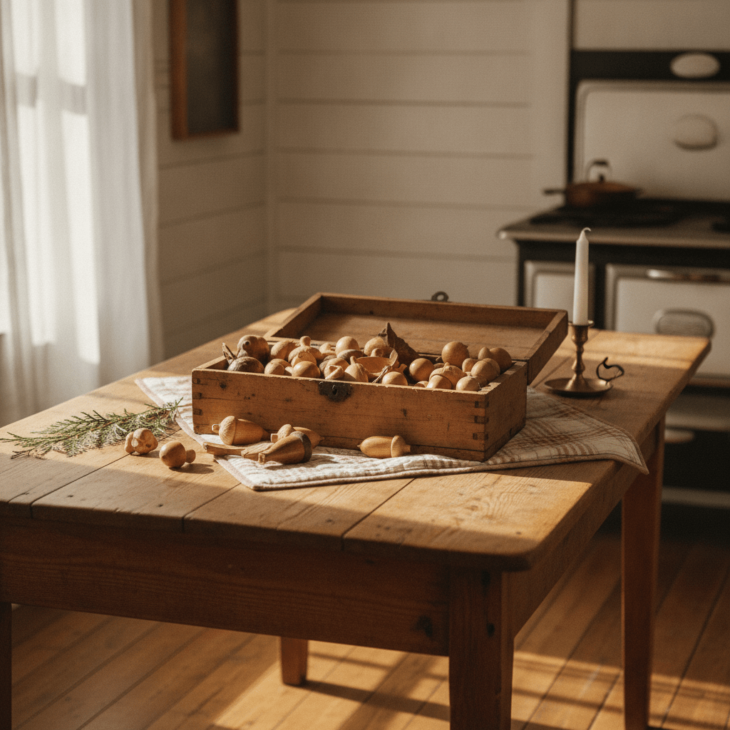 A collection of handmade wood ornaments resting in an open vintage wooden box on a farmhouse table, glowing in warm morning light.